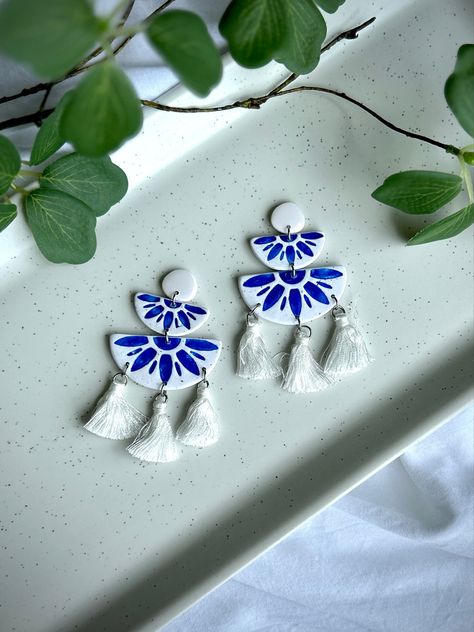 Boho blue and white large dangle earrings with white tassels Art Clay Earrings, Beaded Clay Earrings, Boho Polymer Clay Earrings, Clay Jewellery Handmade, Diy Jewelry Set, Handmade Ceramic Jewelry, Diy Jewellery Designs, Diy Fabric Jewellery, Resin Jewelry Diy