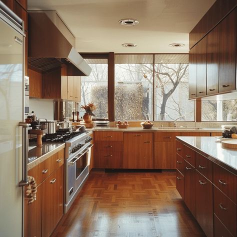 Apartment Kitchen Aesthetic, Mid Century Modern Kitchen Design, Neutral Backsplash Kitchen, Neutral Backsplash, Coastal Farmhouse Kitchen, Coastal Kitchen Design, Mcm Kitchen, Small Cottage Kitchen, Above Kitchen Cabinets