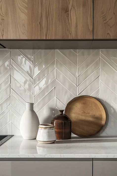 🌼 Trending Kitchen Backsplash Designs | VIVA Kitchen Backsplash Ideas Herringbone, Indian Backsplash Kitchen, Stick On Tiles Kitchen Backsplash Ideas, Neutral Modern Kitchen Design, Kitchen Backlash Design, Wood Like Backsplash Kitchen, Geometric Kitchen Backsplash, Taupe Kitchen Backsplash, Round Tile Backsplash