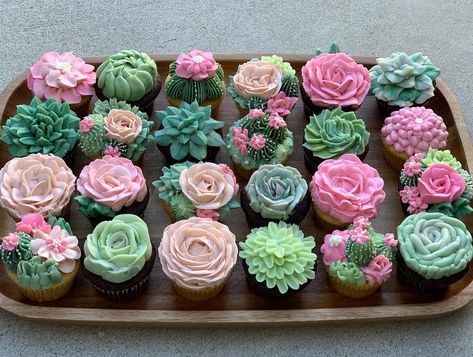 Sweet Art Bake Shop on Instagram: “Desert Rose themed cupcakes for a baby shower.  We did a pretty mix of roses, succulents, and cactus. 🌵🌸 #sweetartbakeshop…” Succulent Plant Cupcakes, Baby Shower Cactus Theme, Cactus Baby Shower Ideas Girl, Desert Themed Baby Shower Ideas, Succulent Themed Baby Shower Ideas, Boho Cactus Baby Shower Ideas, Cactus Themed Baby Shower Ideas, Succulent Baby Shower Ideas, Cactus Baby Shower Theme