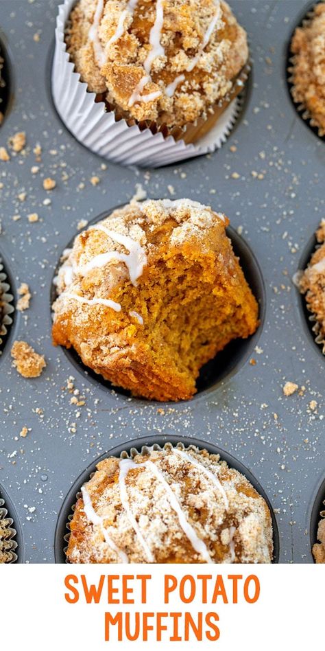 Sweet Potato Muffin Recipe, Icing Drizzle, Sweet Potato Puree, Canned Pumpkin Recipes, Sweet Potato Dessert, Canning Sweet Potatoes, Winter Breakfast, Potato Muffins, Sweet Potato Biscuits