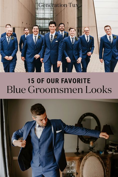 Blue has always been a classic look for grooms and groomsmen, but we’re not stuck in the past here. So we’ve put together some of our favorite blue looks that combine timeless elegance and modern appeal. Jill Caren Photography & Sarah Brookhart Photography Blue Tuxedo Wedding Groomsmen, Wedding Navy Blue Suit, Navy Blue Groom Suit Colour Schemes, Midnight Blue Groomsmen, Groom And Groomsmen Attire Blue, Shades Of Blue Groomsmen, Navy Blue Mens Suits Wedding, Groomsmen Blue Suit, Navy Suits Groomsmen