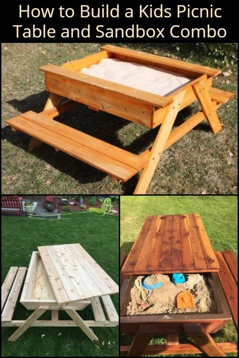 Kids Picnic Table Diy, Kids Wooden Picnic Table, Toddler Picnic Table, Sandbox Diy, Kids Picnic Table Plans, Kids Outdoor Table, Build A Sandbox, Pallet Picnic Tables, Diy Sandbox