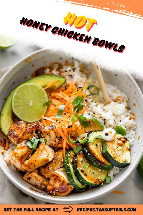 Discover the perfect blend of sweet and spicy with our Hot Honey Chicken Bowls! This delicious recipe features tender, juicy chicken glazed in a tantalizing hot honey sauce, served over a bed of fluffy rice and vibrant vegetables. Ideal for a quick weeknight dinner or meal prep, these bowls are packed with flavor and nutrition. Elevate your culinary experience and impress your family with this easy-to-follow recipe thats sure to become a kitchen favorite. Pin now and bring the heat to your dining table! Honey Chicken Rice Bowl, Hot Honey Chicken Rice Bowl, Chicken Thigh Bowl Recipes, Hot Honey Chicken Salad, Hot Honey Chicken Bowl, Healthy Chicken Bowl Recipes, Recipes With Hot Honey, Honey Chicken Bowl, Hot Honey Sauce