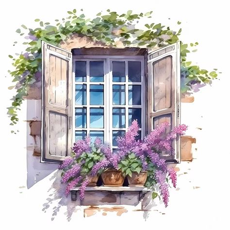 Sumer Landscape, European Balcony, Window With Flowers, Watercolor Cottage, Balcony Window, Painting Flowers Tutorial, Watercolor Paintings Nature, Image Vintage, Miniature Paintings