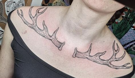 Collarbone Antler Tattoo, Antler Neck Tattoo, Antler Hip Tattoo, Antler Collar Bone Tattoo, Southern Gothic Tattoo, Deer Antler Tattoos, Buck Tattoo, Antler Tattoos, Supernatural Oc