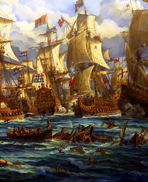 Battle between British and Dutch fleet Fantasy Fleet Of Ships, Ixalan Art, Ship Graveyard, Anglo Dutch Wars, Fleet Of Ships, First Fleet, Maritime Painting, Warhammer Fantasy Roleplay, Marine Artist