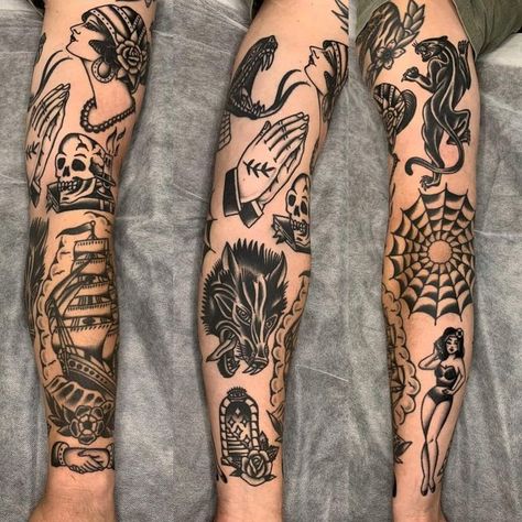 Counterparts Tattoo, Traditional Sleeve Tattoo, Traditional Tattoo Elbow, Traditional Tattoo Leg Sleeve, Traditional Tattoo Arm, Traditional Tattoo Drawings, Tattoo Black And Grey, Old School Tattoos, Traditional Black Tattoo