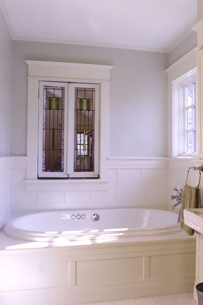 This is the look - creamy white board and batten wood paneling wains-coat, cool neutral on the wall, wooden tub surround. Wood Tub Surround, Wood Tub, Bathroom Renovation Cost, Tub Remodel, Tub Surround, Master Bath Remodel, Bathroom Windows, Upstairs Bathrooms, Bathroom Redo