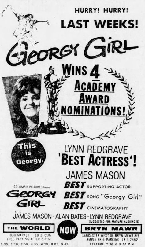 Ad for "Georgy Girl," starring James Mason, Alan Bates, Lynn Redgrave, and Charlotte Rampling. From The Philadelphia Inquirer; Wednesday morning, March 1st, 1967, Page 39. Lynn Redgrave, Georgy Girl, Alan Bates, James Mason, Movie Ads, Charlotte Rampling, Best Cinematography, Best Supporting Actor, Wednesday Morning