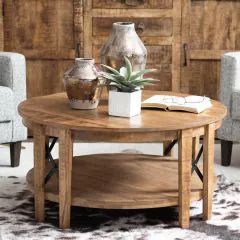 Shabby Chic & Farmhouse Furniture | Antique Farmhouse Round Coffee Table Wood, Vintage Style Room, Round Coffee Table Styling, Wood Coffee Table Living Room, Honey Hive, Round Coffee Table Living Room, Cherry Wood Floors, Display Basket, Coffee Table With Shelf