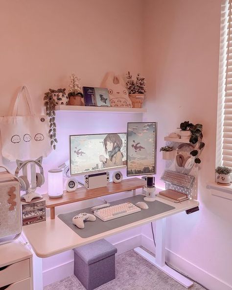 Compilation of Cute and Aesthetic desk makeover ideas. Get ideas to make your desk area the most aesthetic possible 😍✨ (Link in Image 🔗✨). * * * * Disclaimer: *** Images are not mine. Credit in descriptions if known. All the credit goes to the picture owner. Thanks ❤️❤️ *** Gaming Desk Setup, Dream Setup, Cozy Desk, Video Game Room Design, Gamer Room Decor, Set Up Ideas, Desk Makeover, Pc Setups, Desk Inspo