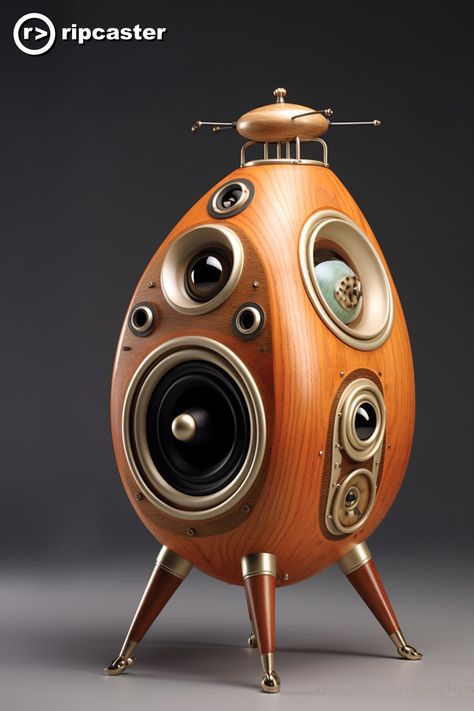 A wooden speaker with a lot of drivers on wooden legs and shaped like a big egg Jamaican Speakers, Ojas Speakers, Qsc Speakers, Mission 770 Speakers, Genelec Speakers, Wooden Eggs, Audio Speakers, Bluetooth Speaker, Speaker