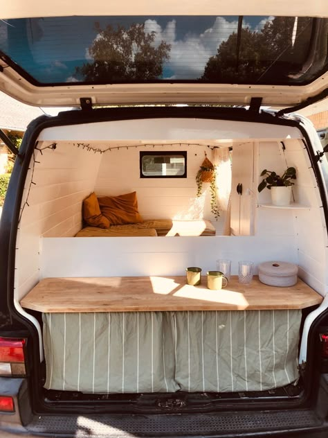 Mini Van Life, T5 Camper Conversion, Kombi Food Truck, Vw Transporter Van, Camper Van Kitchen, Yellow Kitchen Cabinets, Caddy Van, T6 California, Camper Interior Design