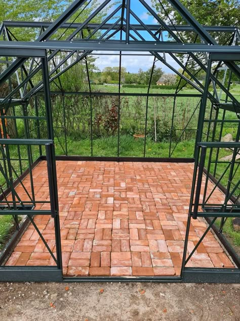 Greenhouse Stone Floor, Greenhouse With Brick Floor, Tiled Greenhouse Floor, Greenhouse Brick Floor, Brick Greenhouse Floor, Brick Floor Greenhouse, Greenhouse Tile Floor, Green House Floor Ideas, Green House Floor