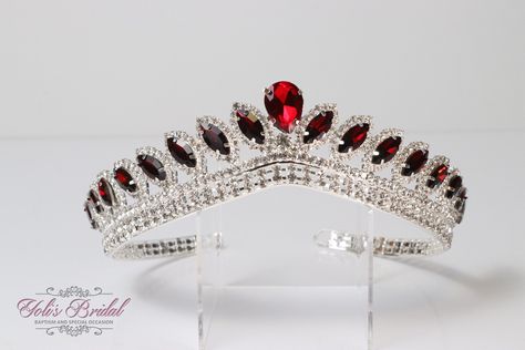 "Beautiful sparkling tiara in silver color with red stones Perfect for any occasion. It has a loop at the end of each side to attach it in your hair with bobby pins for added security. Approx. 1.5\" tall Ships 1-2 business days.  Style GU T-164 S-RED" Red And Silver Tiara, Ruby Tiara, Red Tiara, Black Tiara, Girls Tiara, Silver Tiara, Princess Flower, Goddess Jewelry, Red Stones