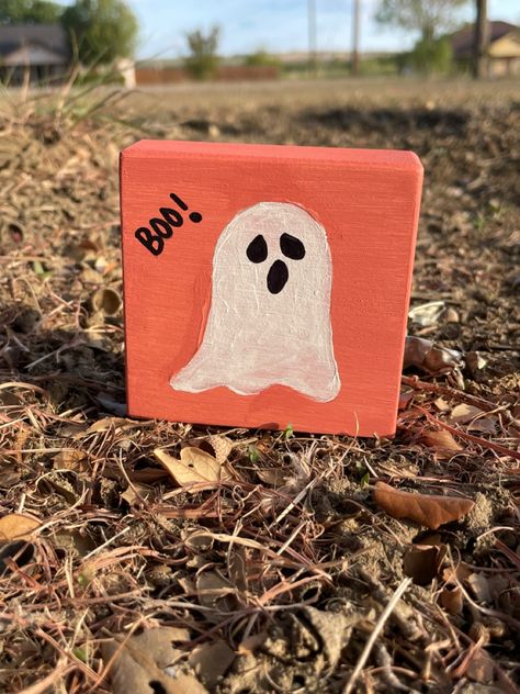 Block Painting Ideas, Wood Block Painting, Wood Blocks Diy, Wood Halloween, Block Painting, Diy Blocks, My Boo, Autumn Art, Halloween Ghost