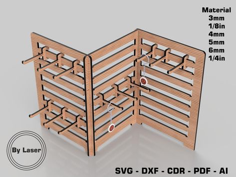 Adjustable display stand for keychains and jewelry, laser cut files, infinitely extendable.#keychainlove #keychaindisplay #laserdesign #laserengraved #personalizedgift #laserkeychain #customkeychain #keychaindecor Laser Cut Jewelry Stand, Mdf Projects, Mdf Ideas, Glowforge Files, Keychain Display, Svg Laser Cut Files, Jewellery Stand, Laser Cut Ideas, Earring Display Stands