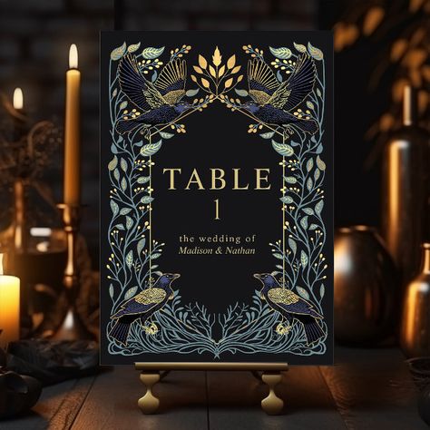 Enchanted Gothic Raven Floral Wedding Table Number Video Game Themed Wedding, Dark Moody Wedding Table Decor, Dark Blue Wedding Invitations, Dark And Moody Wedding Colors, Wedding Invitations Gothic, Blue Black Wedding Theme, Black And Dark Blue Wedding, Dark Green And Blue Wedding, Blue And Black Wedding Theme