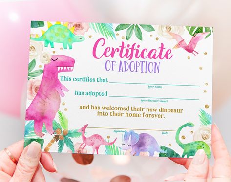 "★IMPORTANT★ No physical items will be mailed or printed. This is digital item and Instant download from ETSY. https://www.etsy.com/your/purchases Dinosaur Adoption Certificate Dinosaur Birthday Favor Dino Party Decor Din Gift Girl Pink Green Instant Download Digital Printable Bir248 ★Matching Item★ https://www.etsy.com/shop/HoneydesignStore?search_query=Bir248 ★ INSTANT DOWNLOAD ★ * You get what you see \"Sold As Is\" (NOT editable) * High resolution 300dpi, PDF file * Direct download from Etsy Adopt A Dinosaur Party Favor, Dino Party Games, Dino Party Decor, Girl Dinosaur Birthday, Dinosaur Birthday Party Decorations, Dinosaur Party Favors, Dino Birthday Party, Adoption Certificate, Dino Birthday