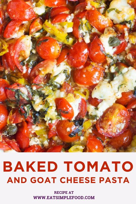 My favorite "casserole" recipe includes baked tomatoes and goat cheese served over pasta with fresh basil, garlic, Parmesan cheese, olive oil, pepperoncini, and capers.  Serve this baked tomato with cheese recipe over pasta or on toasted bread (bruschetta or crostini). Tomato And Goat Cheese Pasta, Chicken And Goat Cheese Recipe, Tomato With Cheese, Bread Bruschetta, Tomatoes And Goat Cheese, Tomato And Goat Cheese, Tomato Goat Cheese, Tomato Pasta Bake, Tomatoes And Cheese