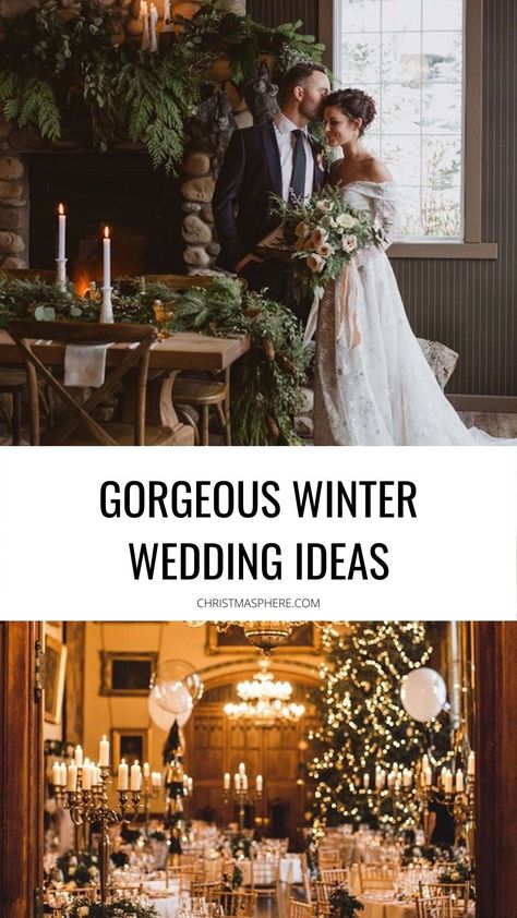 our top ideas and inspiration for a beautiful winter wedding includes themes (rustic, Harry Potter etc), dresses , decorations and more! CHRISTMASPHERE.COM #winterwedding #winterweddingideas #weddingideas Winter Wedding Stage Decor, Winter Wedding Canada, Metallic Winter Wedding, Romantic Winter Wedding Ceremony Decor, Christmas Rustic Wedding, Woodland Winter Wedding, Texas Winter Wedding, Winter Wedding Activities, Micro Winter Wedding