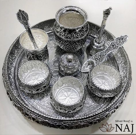 Antique Pooja set with tradition...!!Available Only @ Naj Jewellery, Nellore.#TANAUSA, #TeluguUSA #silverware #gift #giftitems Naj Jewellery, Silver Home Accessories, Pooja Items, Gold Bridal Necklace, Silver Pooja Items, Goddess Decor, Silver Jewellery Indian, Antique Jewelry Indian, Gold Jewelry Stores