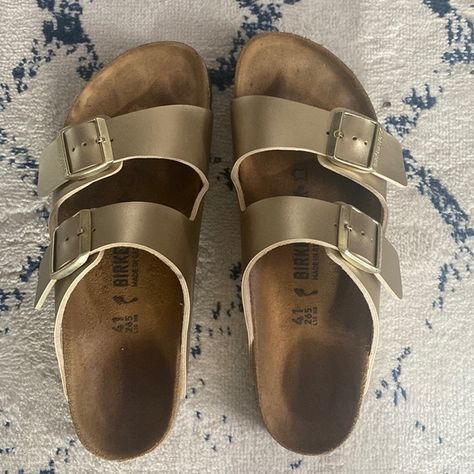 Metallic gold - worn a few times; size 41 (ladies 10) Burken Stocks Shoes, Birkenstocks Aesthetic, Gold Birkenstocks, Birkenstock Gold, January 2024, Birkenstock Shoes, Metallic Gold, Birkenstock, Gold Metal