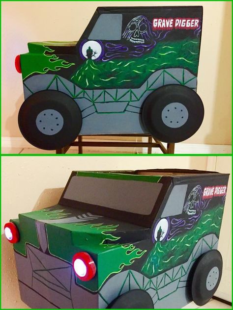 Grave Digger Valentines Boxes, Grave Digger Costume, Monster Truck Valentine Box, Monster Truck Costume, Kindy 500, Digger Costume, Truck Costume, Monster Jam Birthday Party, Digger Birthday