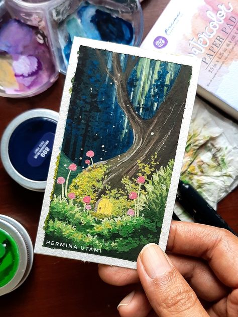 Gouache painting of a fantasy forest. Gouache Painting Techniques, Gauche Painting, Yosemite Art, Diy Canvas Art Easy, Posca Art, Gouache Art, Art Painting Gallery, Painting Art Lesson, Art Gallery Wallpaper