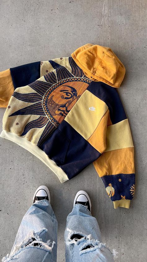 solar plexus hoodie 🌞💫 as you can see in the before clip, there was a stain on the outer part of the blanket right smack in the middle of… | Instagram Thrift Flip Hoodie, Cool Clothes Aesthetic, Thrifted Hoodies, Upcycled Hoodies, Hoodie Accessories, How To Style Hoodies, Style A Hoodie, How To Sew Clothes, Diy Hoodies