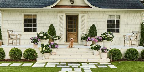 Don't Make These Porch Decor Decorating Mistakes | Southern Living Southern Landscaping Ideas, Porch Hydrangeas, Potted Hydrangeas, Exterior Home Colors, Southern Landscaping, Modern Farmhouse Layout, Curb Appeal Ideas, French Hydrangea, Farmhouse Layout