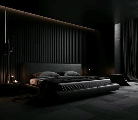 Modernistic Interior, Black Home Interior, Dark Houses, Men's Bedroom Design, Dark Bedrooms, Modern Rustic Cabin, Black Architecture, Mens Bedroom Decor, Black Bedroom Design