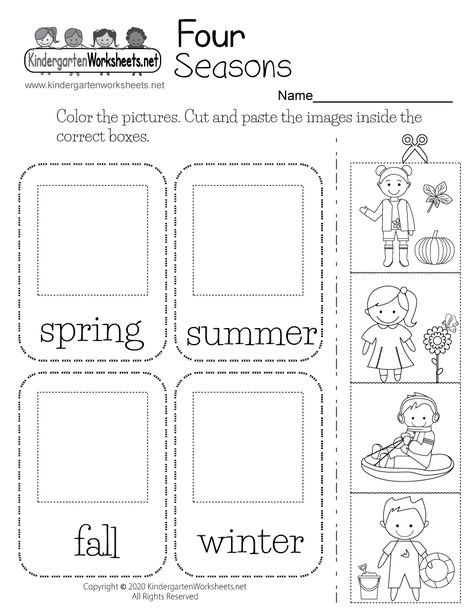 Free Printable Four Seasons Worksheet Kindergarten Seasons, Preschool Seasons, Seasons Kindergarten, Seasons Preschool, Seasons Worksheets, Weather Worksheets, Pre K Worksheets, The 4 Seasons, Seasons Activities