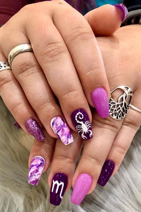 November Birthday Nail Ideas, Birthday Manicure Ideas, Scorpio Nail Designs, Scorpion Nails Designs, Birthday Nail Set Ideas Scorpio, Scorpio Acrylic Nails, Nails Birthday Design Ideas, Scorpio Zodiac Nails, Scorpio Nail Art