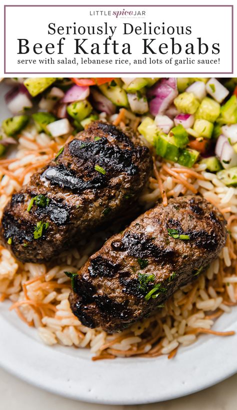 Kafta Kabob Recipe, Kefta Kabob, Beef Kafta, Kebab Recipes Beef, Lebanese Rice, Vermicelli Rice, Shirazi Salad, Beef Kebabs, Beef Kabobs