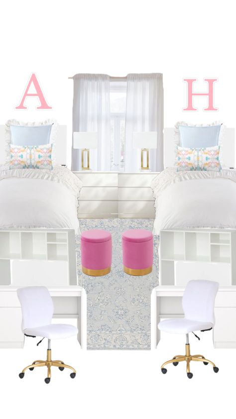 Sorority Bedroom, Sorority House Rooms, Dorm Room Themes, Sorority Room, Blue Dorm, Pink Dorm Rooms, Preppy Dorm Room, College Dorm Room Inspiration, Dream Dorm Room