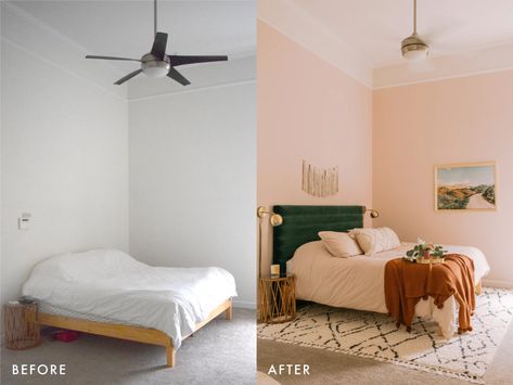 Keely's Bedroom Makeover (Before + After!) - A Beautiful Mess Before And After Room Makeover, Rug Under Bed, Bedroom Makeover Before And After, Chic Chair, Rattan Side Table, Laundry Room Remodel, A Beautiful Mess, Beautiful Mess, Room Remodeling