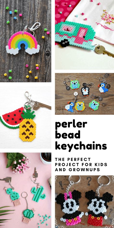 These perler bead keychains are great fun for kids to make and then can be hung from keys or zipper pulls. Fun back to school craft or teacher gift idea! Perler Designs, Craft Recipes, Disney Keychain, Bead Creations, Beads Patterns, Teen Art, Back To School Crafts, Hama Bead, Beads Designs