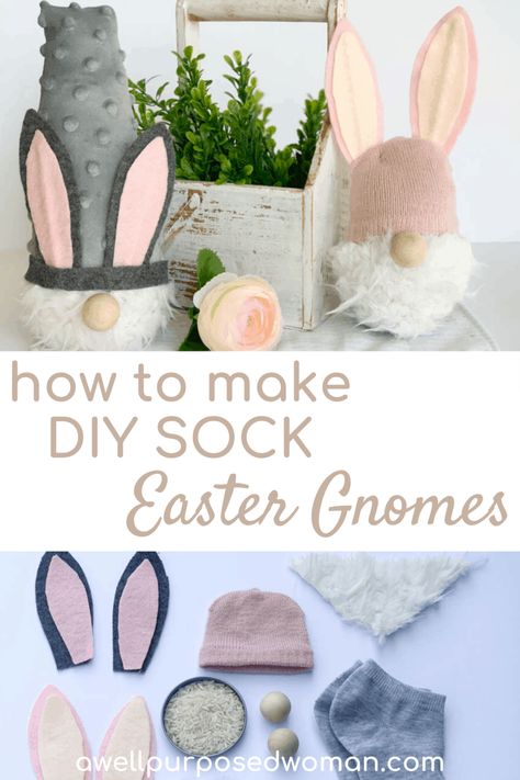 How to Make DIY Easter Gnomes (Free Pattern, No Sew) - A Well Purposed Woman Bunny Gnomes Diy How To Make, Sock Gonks, Easter Crafts To Make And Sell, Easter Bunny Gnomes Diy, Bunny Gnomes Diy, Spring Gnomes Diy How To Make, Spring Gnomes Diy, Easter Gonks, Diy Easter Gnomes