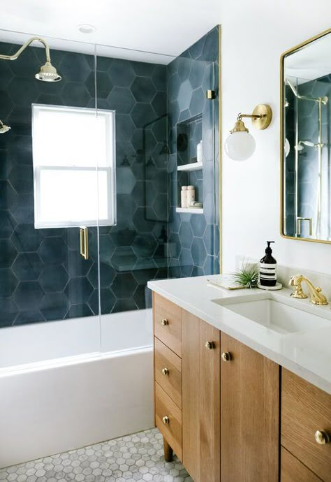 Gorgeous Bathroom Tile, Hexagon Tile Bathroom, Makeover Kamar Mandi, Beautiful Tile Bathroom, Blue Bathroom Tile, Subway Tiles Bathroom, Bathroom Tile Designs, Boys Bathroom, Basement Bathroom