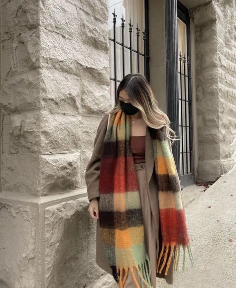 Acne Scarf Outfit, Winter Scarf Aesthetic, Brighton Winter, Plaid Scarf Outfit, Acne Scarf, Blanket Scarf Outfit, Scarf Aesthetic, Scarf Outfits, How To Wear A Blanket Scarf