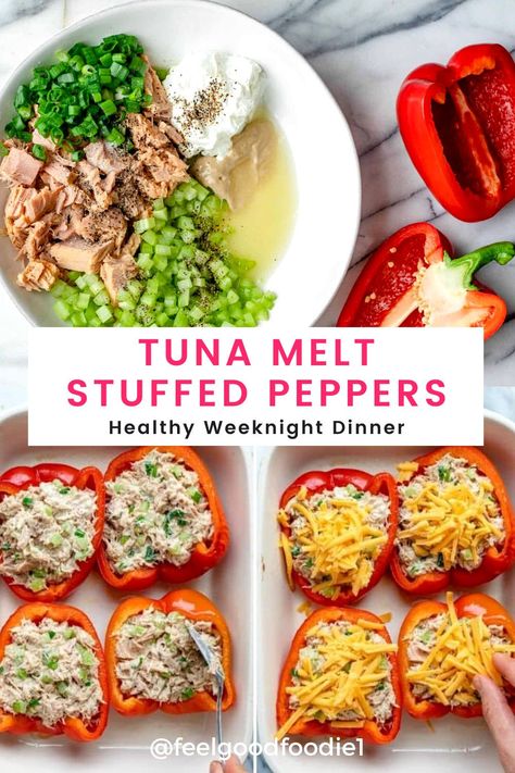 Easy and quick to make, these tuna stuffed bell peppers are a delicious and healthy weeknight dinner option. Made with simple ingredients and low carb. Tuna Stuffed Bell Peppers, Healthy Stuffed Bell Peppers, Stuffed Peppers Healthy, Tuna Melt, Bell Pepper Recipes, Healthy Weeknight Dinners, Tuna Recipes, Peppers Recipes, Veggie Dishes