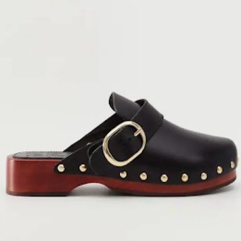 Studded Leather Clog 100% Bovine Leather. Rounded Toe. Wood-Style Sole. Stud Detail. Adjustable Buckle. Fits Small To Size. Mango Heels, Mango Shoes, Studded Clogs, Clogs Heels, Leather Clog, Wooden Clogs, Swim Shoes, Mule Sandals, Wooden Heel