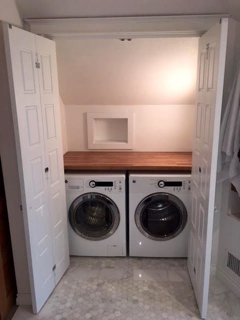 Attic Laundry Room, Closet With Slanted Ceiling, Craftsman Laundry Room, Attic Office Ideas, Laundry Combo, Small Laundry Closet, Attic Office, Hidden Laundry, Attic Ideas