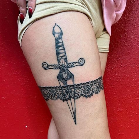 Dagger Tattoo Thigh Knife Tattoo, Dagger Thigh Tattoos Women, Garder Tattoo Thigh Lace, Dagger Leg Tattoo, Thigh Dagger Tattoo, Dagger Thigh Tattoo, Dager Tattoos For Women, Dagger Chest Tattoo, Dagger Tattoo Women