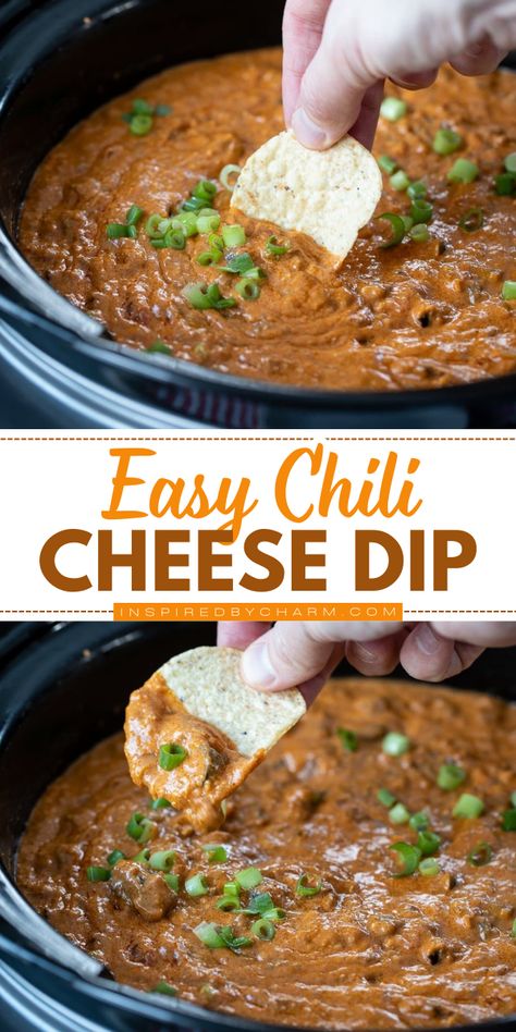 One of the best football appetizers ever! It's a simple tailgating recipe for a cheesy chili dip. Made with salsa and other flavorful ingredients, this homemade Chili Cheese Dip is sure to be a hit! Keep this easy game day food warm in a crockpot! Chilli Dip Recipe, Cheese And Chili Dip, Chilli Cheese Dip Crockpot, Chilli Con Queso Dip, Chili Cheese Dip, Chilli Cheese Dip Hormel, Chili Cheese Dip Crockpot, Chili’s Cheese Dip Recipe, Chili Dip Recipes