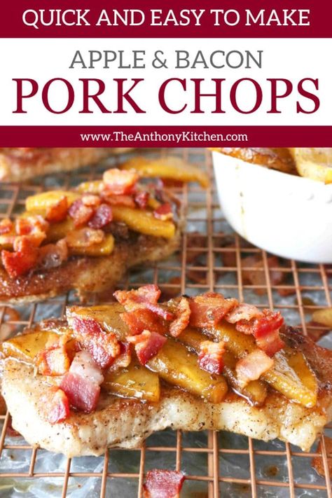 Skillet Pork Chops with Apples and Bacon - The Anthony Kitchen Apple Bacon Pork Chops, Apple And Bacon Recipes, Fall Weekday Dinners, Cinnamon Apple Slices, Pork Chops With Apples, Skillet Pork Chops, Fried Bacon, Butcher Box, Apple Pork