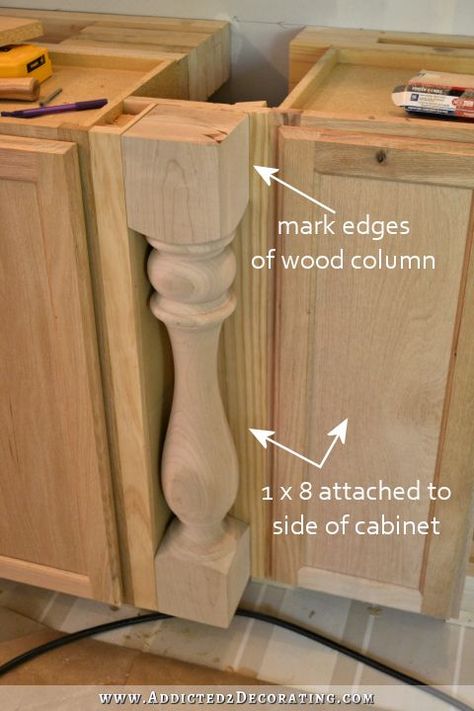 Faux Legs On Kitchen Cabinets, Adding Corbels To Kitchen Cabinets, Diy Lower Kitchen Cabinets, Lower Cabinets Only Kitchen, Kitchen Lower Cabinets Only, End Cabinet Ideas Kitchen, Stock Cabinets For Built In, Making Kitchen Cabinets Look Like Furniture, Builder Grade Cabinet