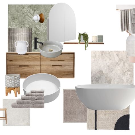 Style Sourcebook, Bathroom Mood Board, Tub Sizes, Bathroom Design Styles, Tips Design, Design Mood Board, Neutral Bathroom, Stone Bathtub, Concrete Basin